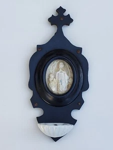 Antique French Holy Water Font Our Lady of Lourdes Meerschaum Ebony Wood - Picture 1 of 12