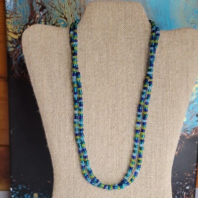 Boho Shades of The Sea Double Beaded Necklace Hippie Glass Beads 20 inches Foto 1 de 4