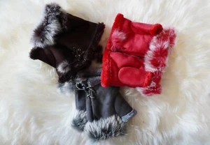 Fur Trimmed Fingerless Gloves - Red, Cocoa Brown & Grey - Picture 1 of 11