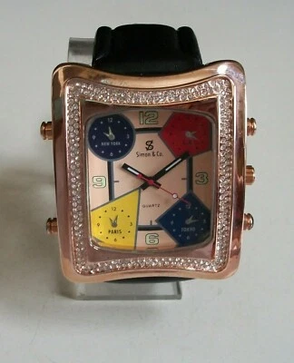 Reloj Hip Hop Para Hombre Piedra Oro Rosa Multicolor Correa Cuero Negro Moda Foto 1 de 4