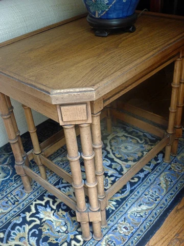 Vintage WOOD Furniture Faux Bamboo Asian Style Double Nesting Tables Excellent Cover