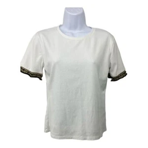 Zara weißes Kurzarm T-Shirt Oberteil schwarz/gold Häkelärmel Gr. L - Bild 1 von 4