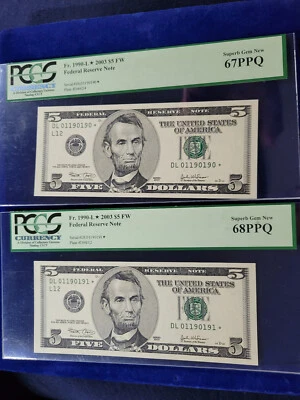 🌟2 2003 $5 Fr.1990-L* STAR NOTE PMG 67/68 EPQ UNC FANCY TRINARY SEQUENTIAL - Image 1 of 4