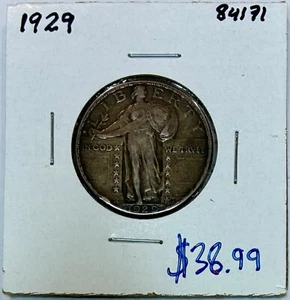 1929 Silver Standing Liberty Quarter, VF+ Condition, Darkly Toned - Picture 1 of 2