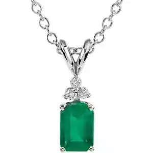 Genuine Emerald & Diamond 18" Necklace In 14K White Gold - Picture 1 of 2