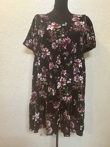 Harlow & Rose Black FLORAL Cotton Spring Short Sleeve Ruffled Hem Dress Womens M - Picture 1 of 7
