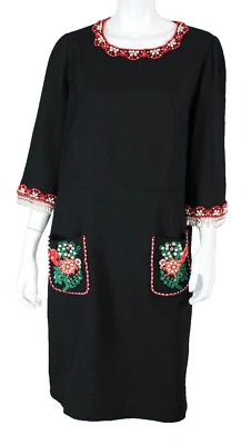 G2U ANDREW GN Black Crepe Beaded Flower  Pearl Fringe Shift Dress 50 - Image 1 of 4