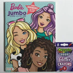 Barbie Jumbo Coloring & Activity Book Bonus Bookmarks On Back + Glitter Crayons - Picture 1 of 11