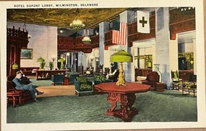 Wilmington Delaware Hotel DuPont People in Lobby Interior Postcard c1940 - Picture 1 of 8