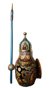 Vintage Russian Folk Art Painted Wooden St George Nesting Doll Bottle Cover - Picture 1 of 24