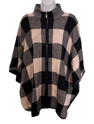 Jones New York Full Zip Medium Weight Poncho Womens Size L/XL Black Beige Plaid - Image 1 of 4