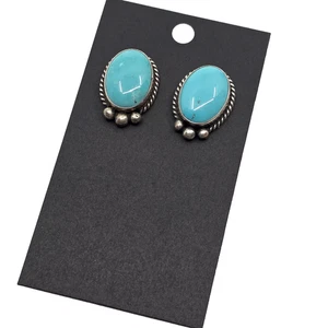 Navajo Signed Sterling Silver Turquoise Earrings Post Back 25mm - Picture 1 of 7