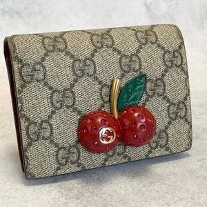 GUCCI Wallet Cherry GG Supreme Bi-fold Flap Compact Purse Leather Beige Red - Imagen 1 de 24