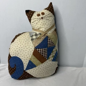 Vintage Cat Quilted Patch Work Throw Pillow Warm Colors Brown & Blue & Cream - Picture 1 of 8