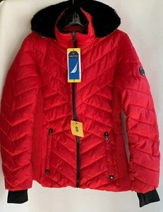 Nautica Red Puff Jacket Black Trim Hood Pockets Lined Water Resistant Size S NEW - Picture 1 of 11
