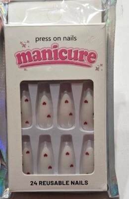 manicure press on nails Press On False Nails With Glue White With Hearts - Image 1 of 2
