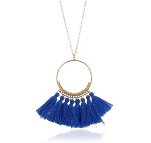 Collar destacado azul oscuro redondo borla largo boho gitano con cuentas doradas - Imagen 1 de 2