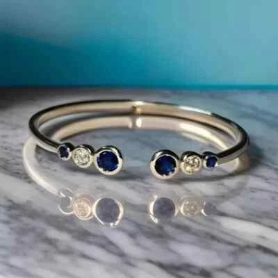 Круглый браслет-манжета из синего сапфира с покрытием из белого золота 14 карат 2 карата 7 дюймов - Изображение 1 из 4