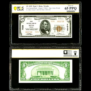 PCGS 65 1929 First National Bank Reno, NV $5 Type 2 Ch. # 7038.2 - Picture 1 of 3
