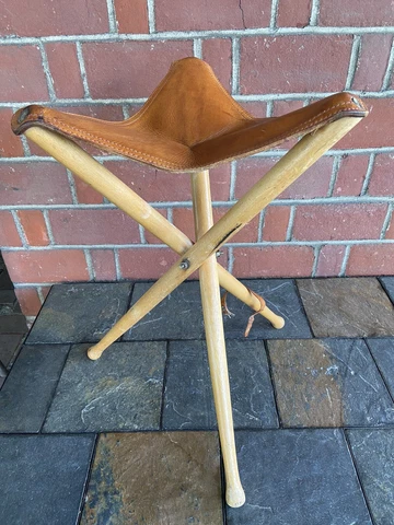 Vintage Leather Seat Folding Wood Tripod Camping Stool Chair 21X13” Approx Cover