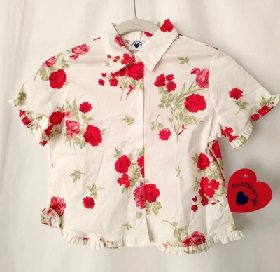 Hartstrings Short Slv Button Blouse Ruffle Details Wht Floral Sz 8 NEW!  #15539 - Image 1 of 4