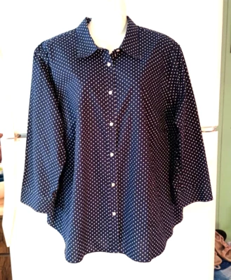 BLUSA RALPH LAUREN SIN HIERRO AZUL MARINO BLANCO LUNARES 100% ALGODÓN TALLA GRANDE 3X Foto 1 de 4