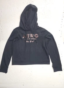 Aeropostale Hoodie Womens Medium Black Fleece Pull Over Crop Sweatshirt Logo - Picture 1 of 13