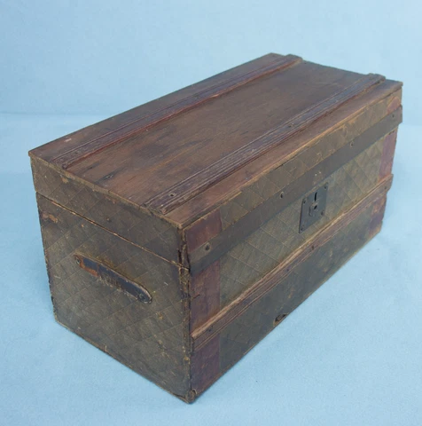 Primitive Antique Doll Chest Trunk Wood Slats w Tray Wallpaper Interior Cover