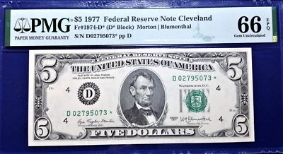 1977 $5 Federal Reserve Note Fr-1974-D* Cleveland PMG66 Gem EPQ - Image 1 of 2