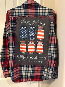 UPCYCLING FLANELL HEMD BLESS YOUR HEART SIMPLY SOUTHERN EINMACHGLÄSER ROT BLAU GR. M - Bild 1 von 3
