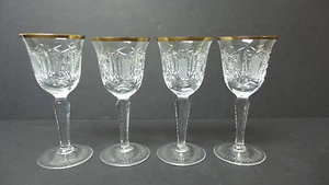 GORGEOUS SET/4 HIGH QUALITY CUT CRYSTAL WINE / CLARET GOBLETS w/ GOLD RIMS - Picture 1 of 1