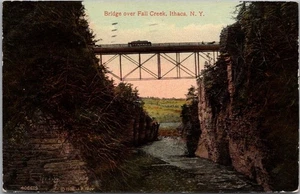 Vintage 1913 ITHACA, New York Postcard "Bridge Over Fall Creek" Trolley Car - Picture 1 of 2
