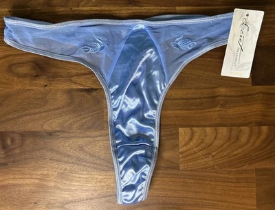 Vtg Secret Treasures Panties Second Skin Blue Satin Thong L/XL Embroidered Shiny - Image 1 of 4