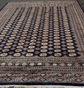 Pakistani Turkoman Bokhara Rug 8x12, Blue Beige Vintage Tribal Wool Carpet - Picture 1 of 4