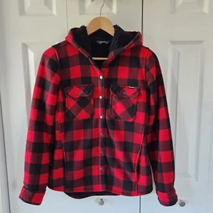 Eddie Bauer Womens Jacket Size Small Red/Black Plaid Sherpa Snap Hooded Jacket - Picture 1 of 10