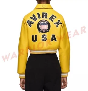 UNISEX Avirex USA Crop Icon Golden Cowhide Leather Bomber Varsity Biker Jacket - Picture 1 of 4