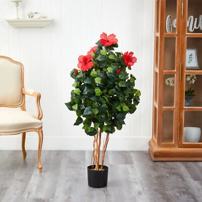 4’ Artificial Hibiscus Topiary Flower Tree w/406 Lvs Home Decor. Retail $139 - Image 1 of 3