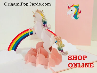 OrigamiPopCards.com Lindo Hada Unicornio 3D Pop Up Tarjeta de Felicitación CUMPLEAÑOS en Blanco Foto 1 de 4