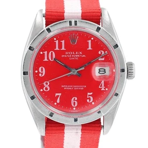 ROLEX DATE 1500 SIZE WATCH RED ARABIC DIAL W/ RED & WHITE NYLON BAND 34MM - Picture 1 of 13