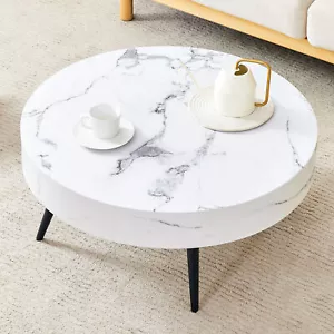 White Round Marble-patterned Adjustable Feet Coffee Table Mdfblack Metal Leg - Picture 1 of 14
