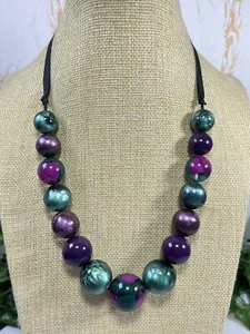 Statement Chunky Green & Purple Bead Cord Necklace 1424 - Picture 1 of 12