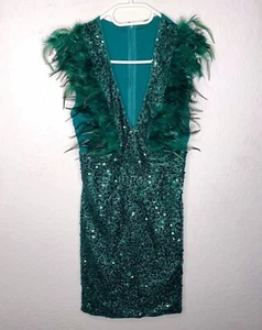 Dunkelgrünes Pailletten Kleid Mit Federn Gr. XS/34 Neu - Bild 1 von 1