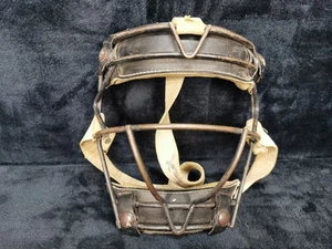 Vintage Baseball Face Cage Steel Wire Leather Catchers Face Mask Antique - Foto 1 di 5