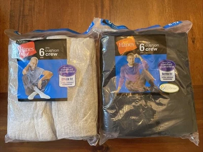 2 Hanes Men's 6 Pk Black & Grey FreshIQ Odor Protection Cushioned Crew 6-12 - Image 1 of 4