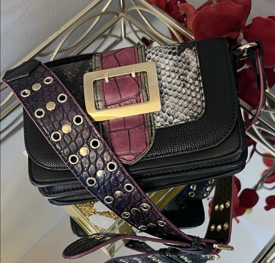 Sondra Roberts Black and Purple Snakeskin Embossed Hard Shell Crossbody Bag - Image 1 of 4