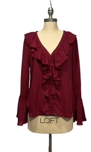 Jealous Tomato Womens Button Front Bell Sleeve Top V-Neck Ruffle Blouse Sz M Red - Picture 1 of 12