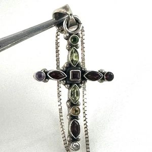 Vintage Multi Color Gemstone 925 Sterling Silver Cross Necklace & 925 Chain - Picture 1 of 14