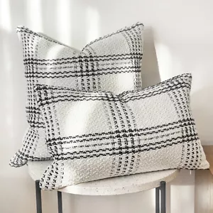 Home Decorative Pillow Case Black/White Plaid Woven Textured Cushion Cover - Picture 1 of 9