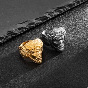 Anillo de acero inoxidable 3D cara de Jesucristo dorado/plateado hip hop para hombre talla 7-13 - Imagen 1 de 13