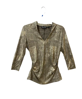 NY & CO Топ женщин S золотой фольги блестящий вязаный блузка v-образным вырезом складки стороне 7-й авеню - Изображение 1 из 4